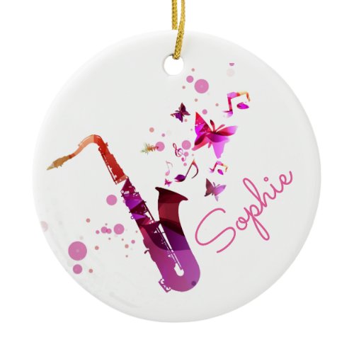 Saxophone cute music and butterflies name ceramic ornament