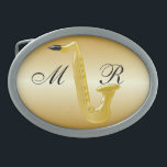 Saxophone Design Oval Belt Buckle<br><div class="desc">Belt buckle with a monogrammed saxophone design that you can customize with any text of your choice. Should you require any help with customizing then contact us through the link on this page. Saxophone buckle</div>