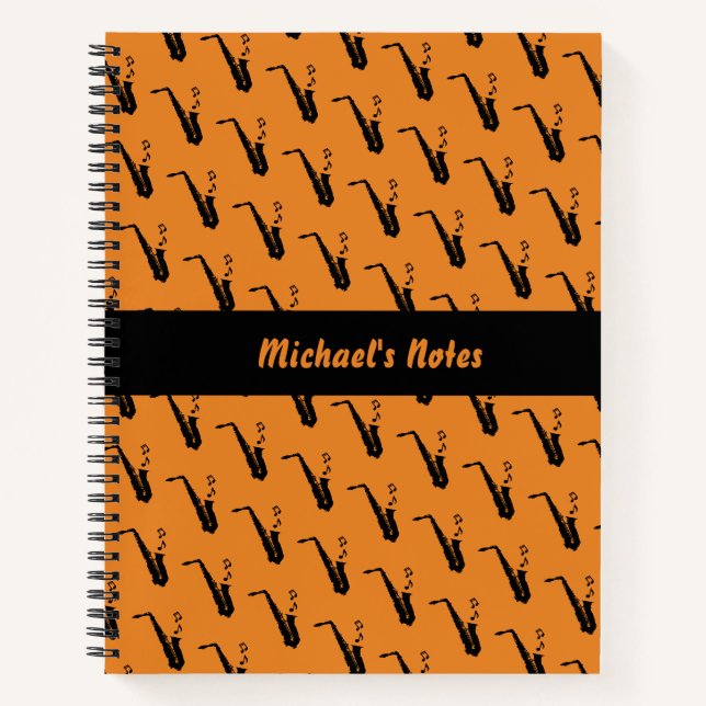 Saxophone Fun Music Notes Personalized Orange Notebook (Front)
