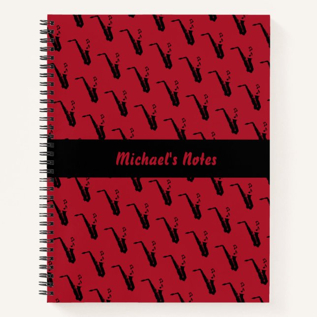 Saxophone Fun Music Notes Personalized Red Notebook (Front)