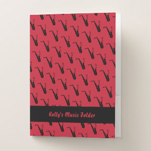 Saxophone Fun Music Notes Personalized Red Pocket Folder