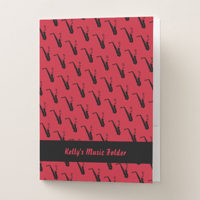 Saxophone Fun Music Notes Personalized Red Pocket Folder (Front)
