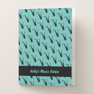 Saxophone Fun Music Notes Personalized Teal Pocket Folder