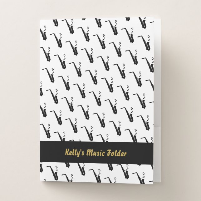 Saxophone Fun Music Notes Personalized White Pocket Folder (Front)