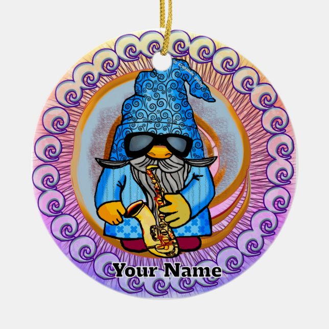 Saxophone gnome ceramic ornament (Front)