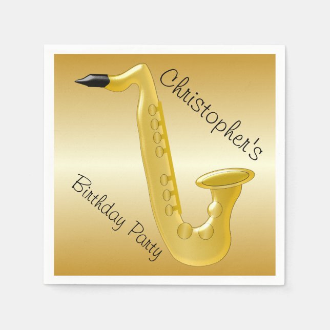 Saxophone Gold Coloured Birthday Paper Napkins (Front)