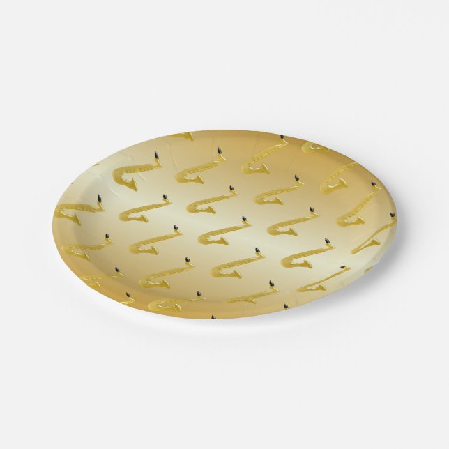 Saxophone Gold Coloured Paper Plates (Angled)