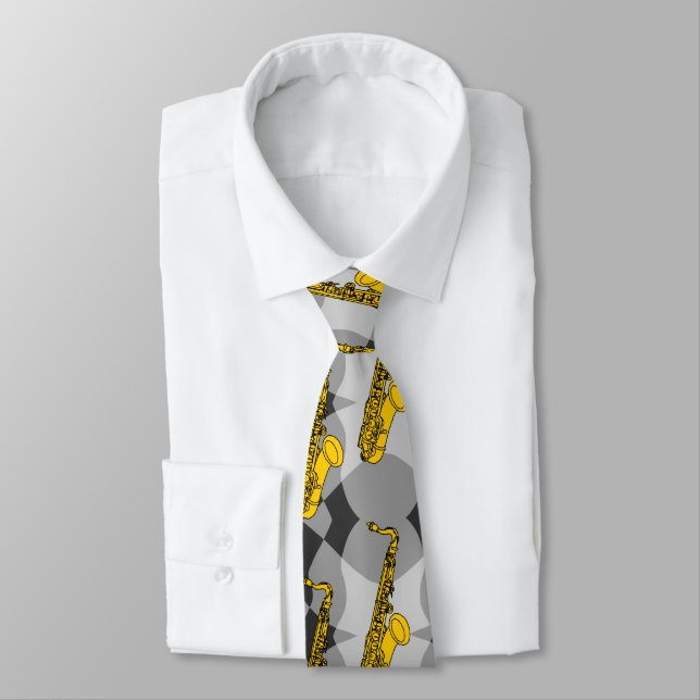 Saxophone Gray Pattern Neck Tie (Tied)