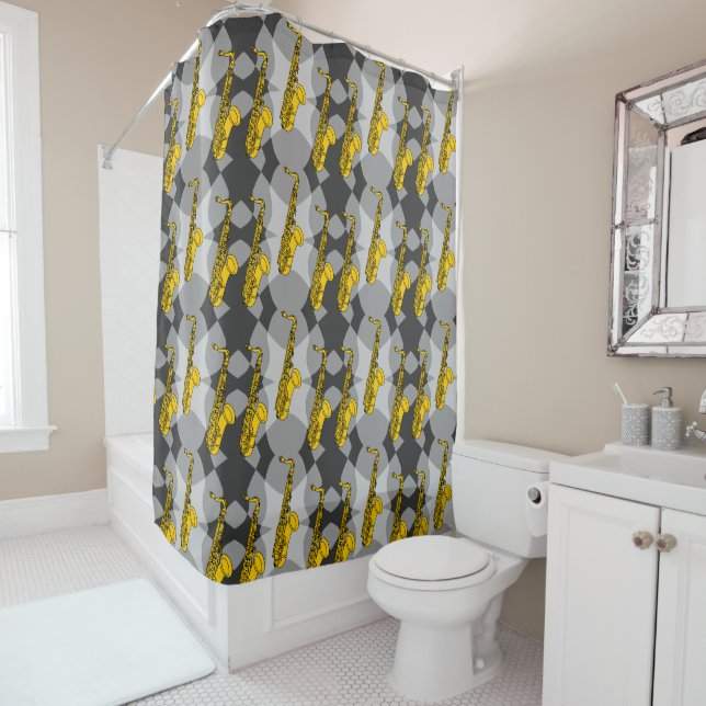 Saxophone Gray Pattern Shower Curtain (In Situ)