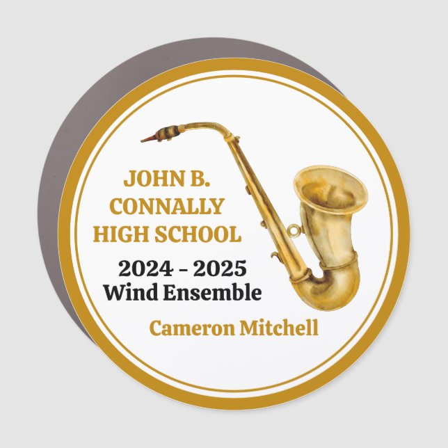 Saxophone High School Band Gold Personalized Car Magnet (Front)