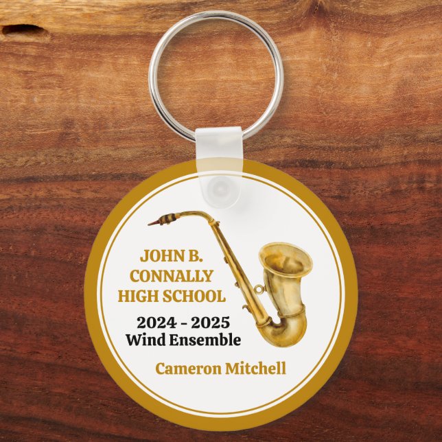 Saxophone High School Band Gold Personalized Keychain (Front)