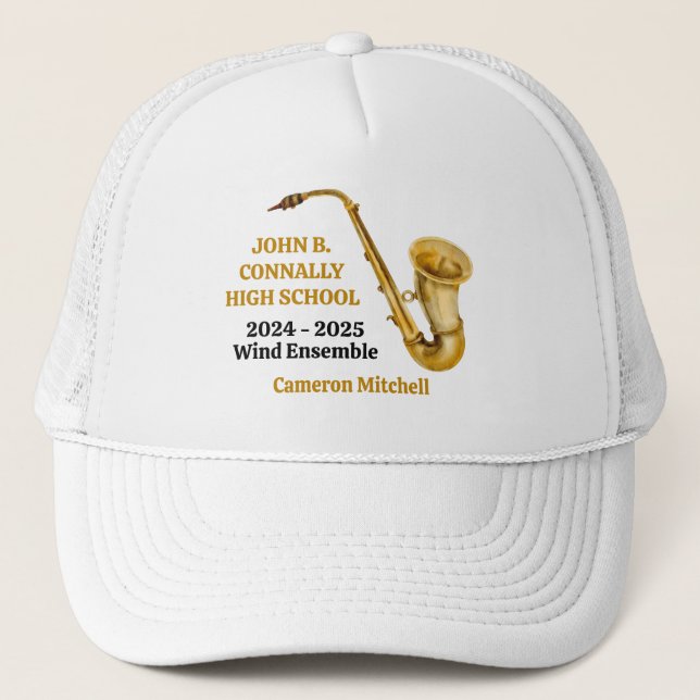 Saxophone High School Band Gold Personalized Trucker Hat (Front)