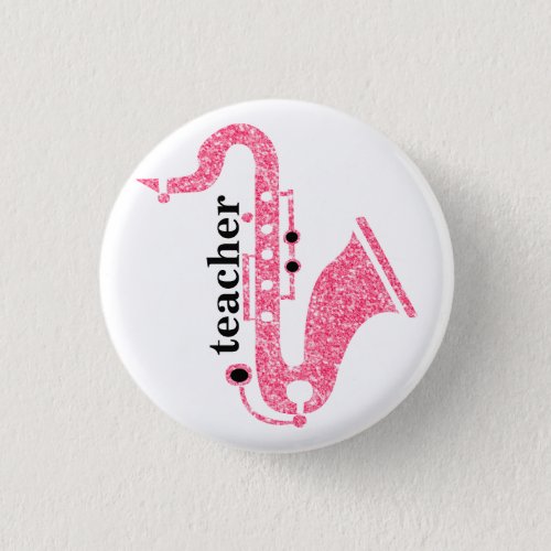 Saxophone Illustration In Pink Glitter Texture Button