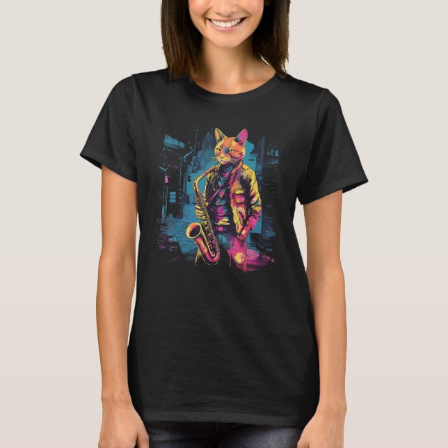 Saxophone Instrument Jazz Musician Cat Saxophonist T-Shirt (Front)