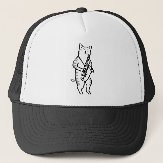 Saxophone Instrument Music Jazz Cat Trucker Hat (Front)