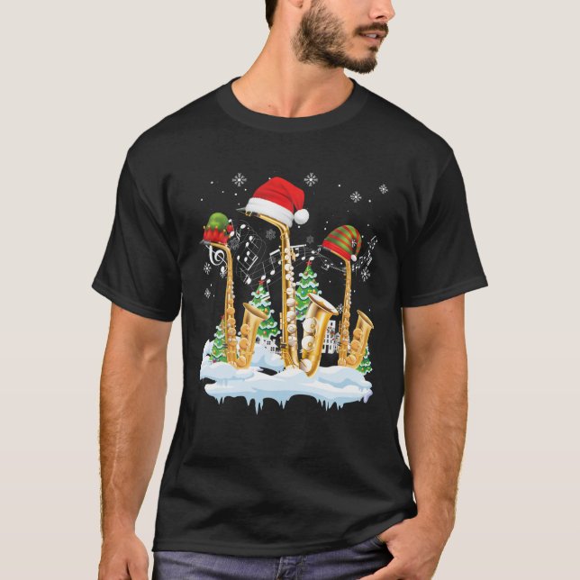Saxophone Jazz Santa Hat Christmas Tree Musician S T-Shirt (Front)