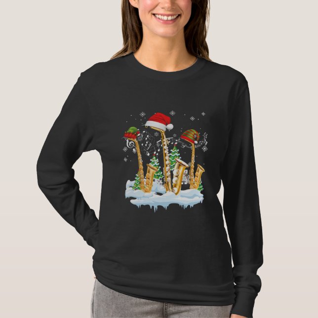 Saxophone Jazz Santa Hat Christmas Tree Musician T-Shirt (Front)