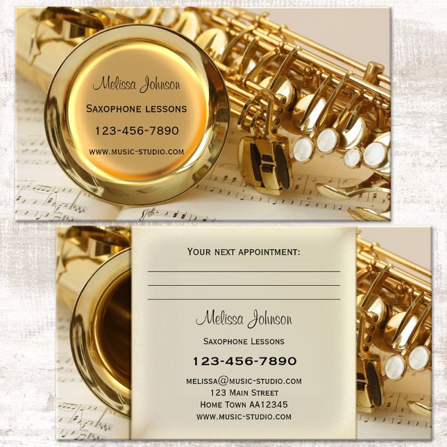 Saxophone Lessons Appointment Business Card (Saxophone music teacher appointment business card featuring a saxophone in gold)
