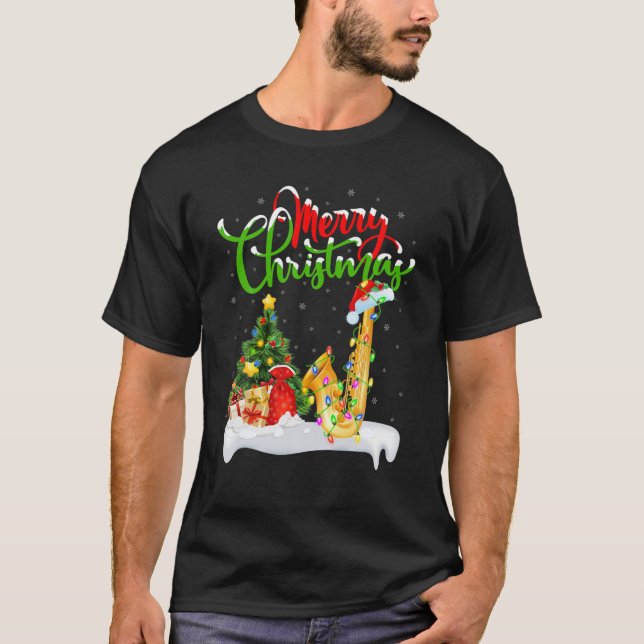 Saxophone Lover Xmas Lighting Santa Saxophone Chri T-Shirt (Front)