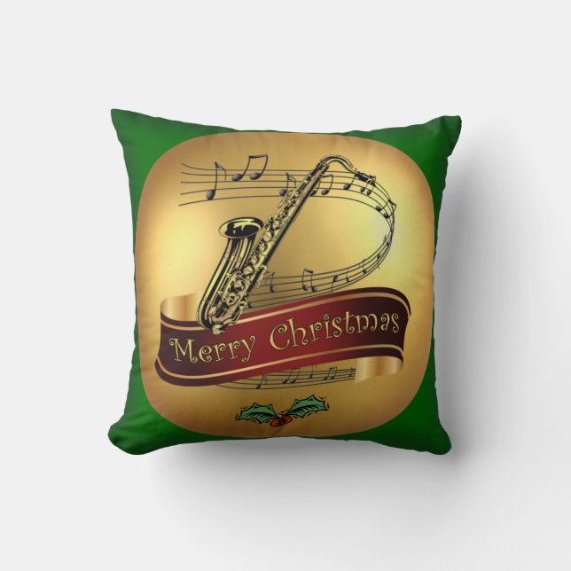 Saxophone ~ Merry Christmas & Musical Scroll ~  Throw Pillow (Front)