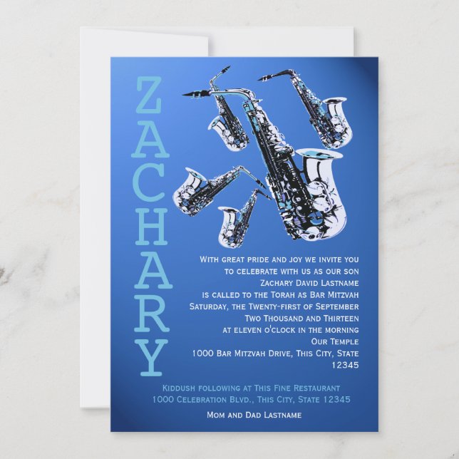 Saxophone Music Blue Bar Mitzvah Invitation (Front)