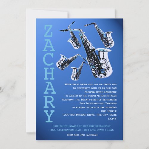 Saxophone Music Blue Bar Mitzvah Cards
