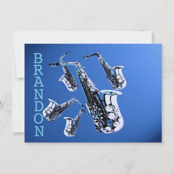 Saxophone Music Blue Thank You Flat Card by InBeTeen at Zazzle