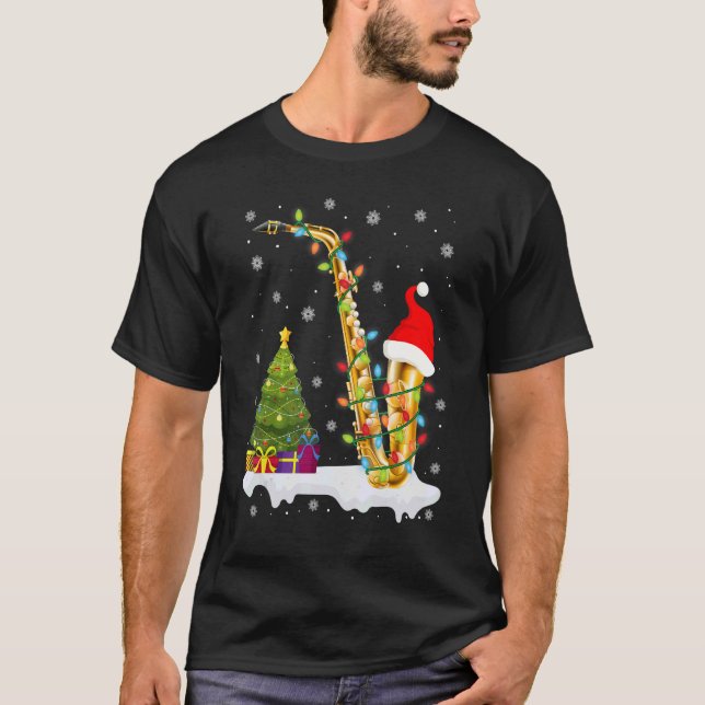 Saxophone Music Lover Xmas Lights Santa Saxophone  T-Shirt (Front)
