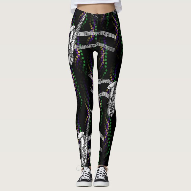 Saxophone Music Mardi Gras Black Leggings (Front)