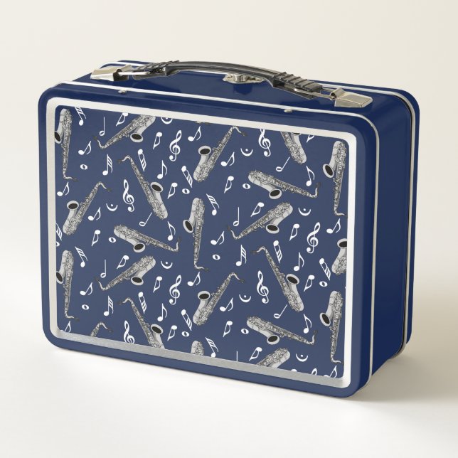 Saxophone Music Note Pattern Metal Lunch Box (Back)