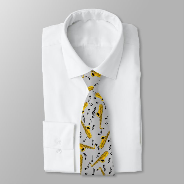 Saxophone Music Note Pattern Neck Tie (Tied)