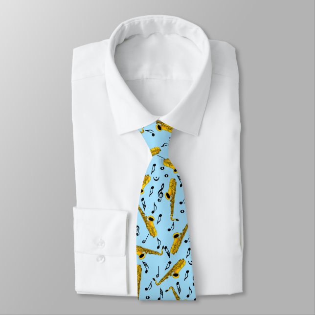 Saxophone Music Note Pattern Neck Tie (Tied)
