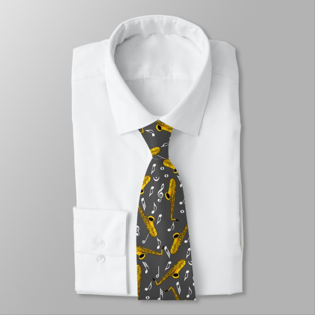 Saxophone Music Note Pattern Neck Tie (Tied)