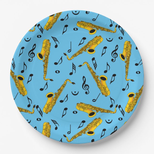 Saxophone Music Note Pattern Paper Plates (Front)