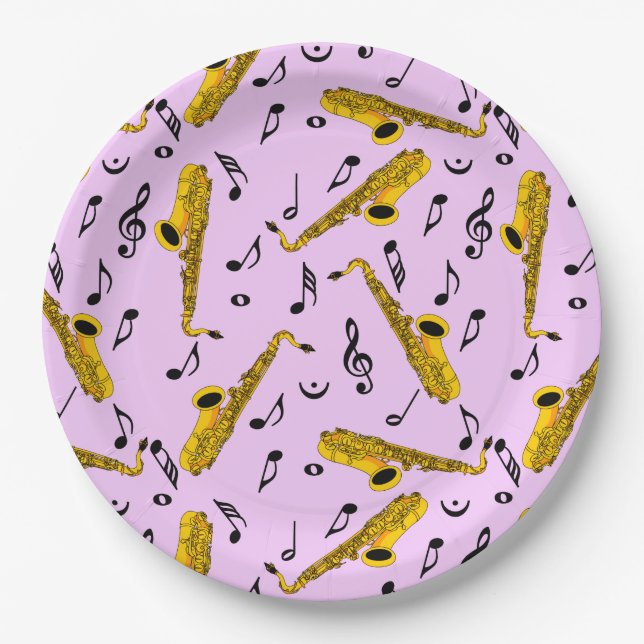 Saxophone Music Note Pattern Paper Plates (Front)