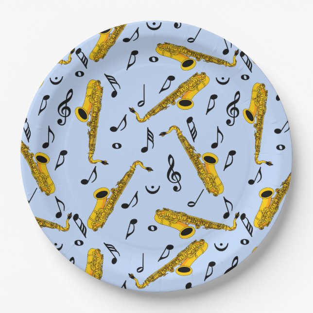 Saxophone Music Note Pattern Paper Plates (Front)