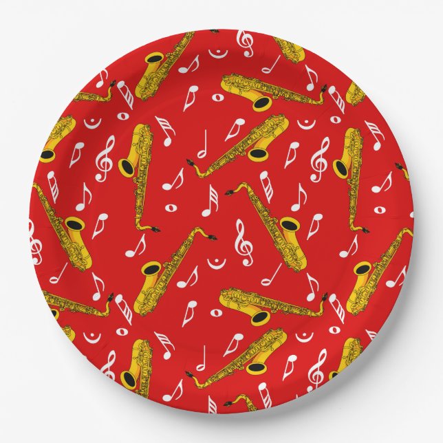 Saxophone Music Note Pattern Paper Plates (Front)