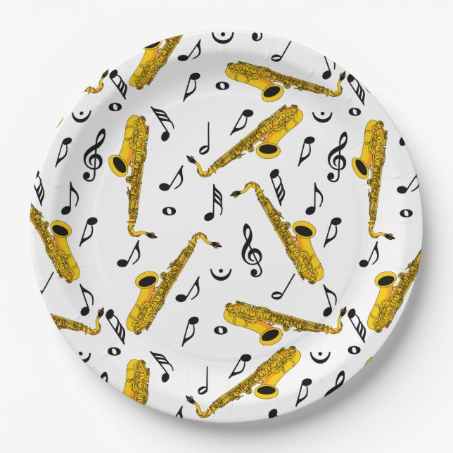 Saxophone Music Note Pattern Paper Plates (Front)