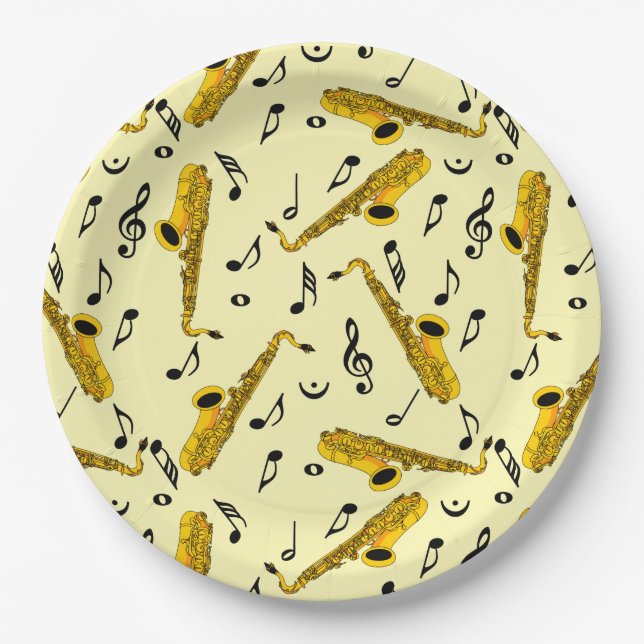 Saxophone Music Note Pattern Paper Plates (Front)