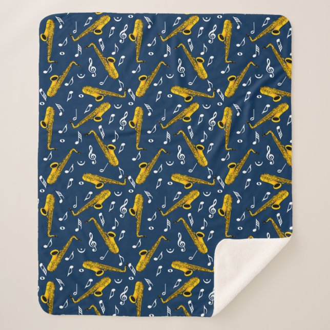 Saxophone Music Note Pattern Sherpa Blanket (Front)