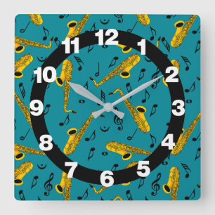 Saxophone Music Note Pattern Square Wall Clock
