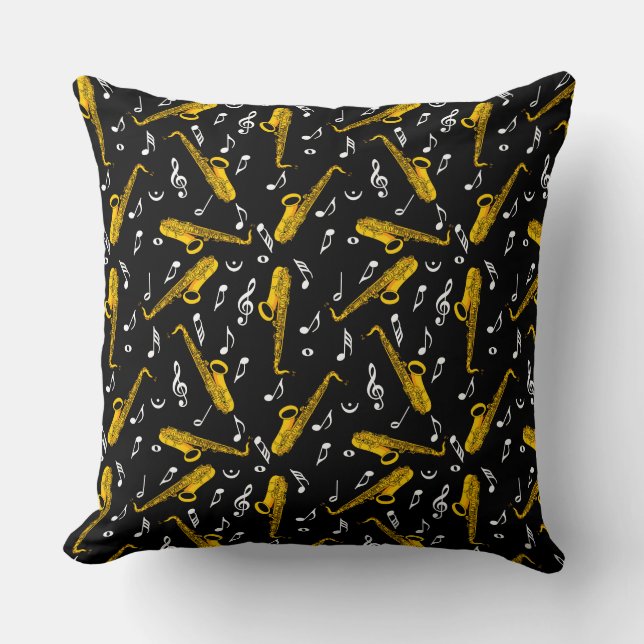 Saxophone Music Note Pattern Throw Pillow (Front)