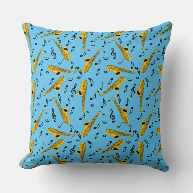 Saxophone Music Note Pattern Throw Pillow (Front)