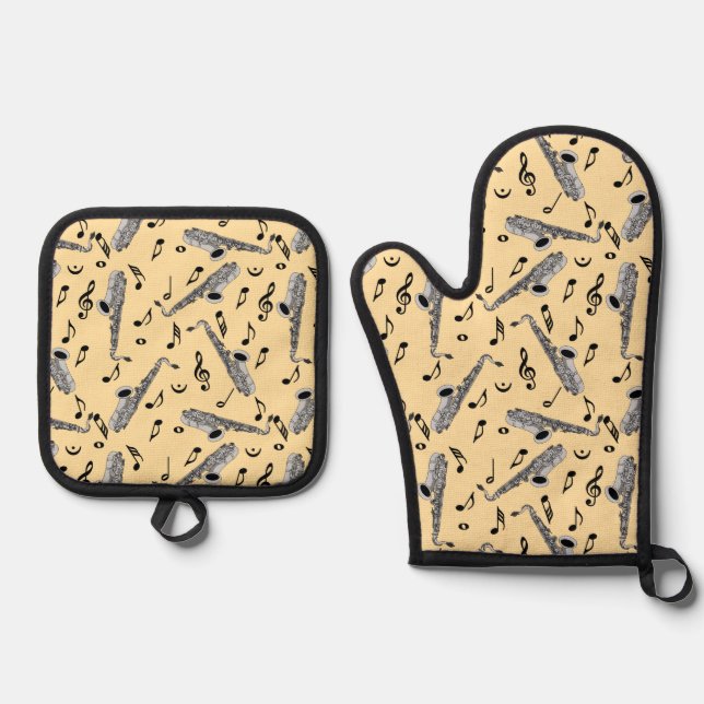 Saxophone Music Notes Oven Mitt & Pot Holder Set (Front)