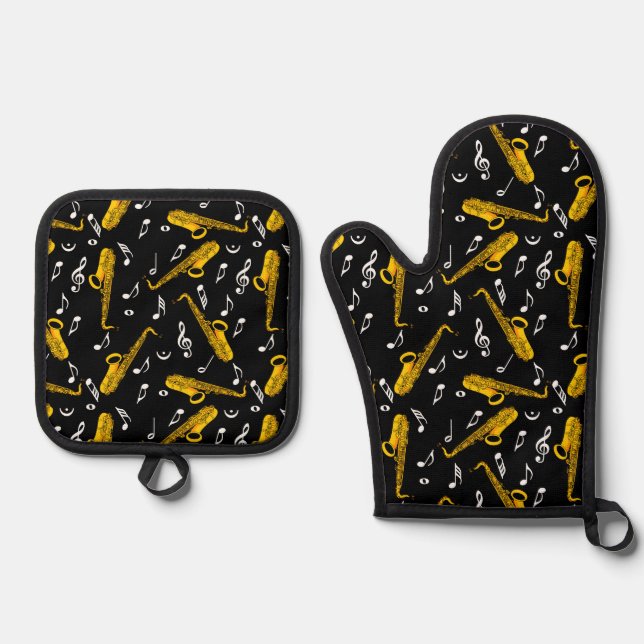 Saxophone Music Notes Oven Mitt & Pot Holder Set (Front)