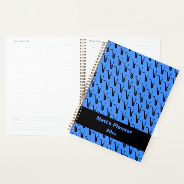 Saxophone Music Notes Personalized Blue Planner (Display)