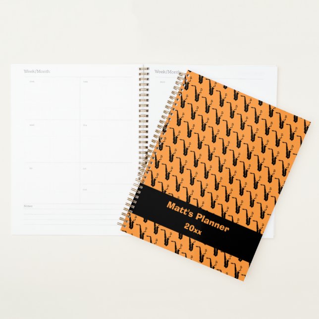 Saxophone Music Notes Personalized Orange Planner (Display)