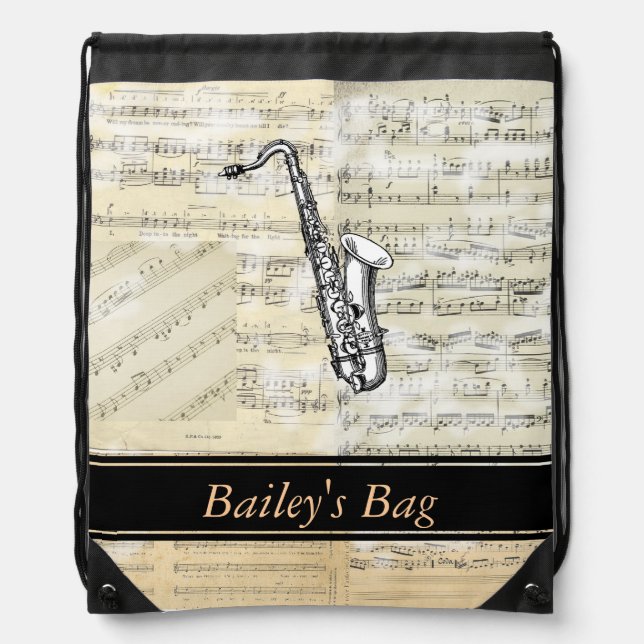 Saxophone Music Personalized Drawstring Backpack (Front)