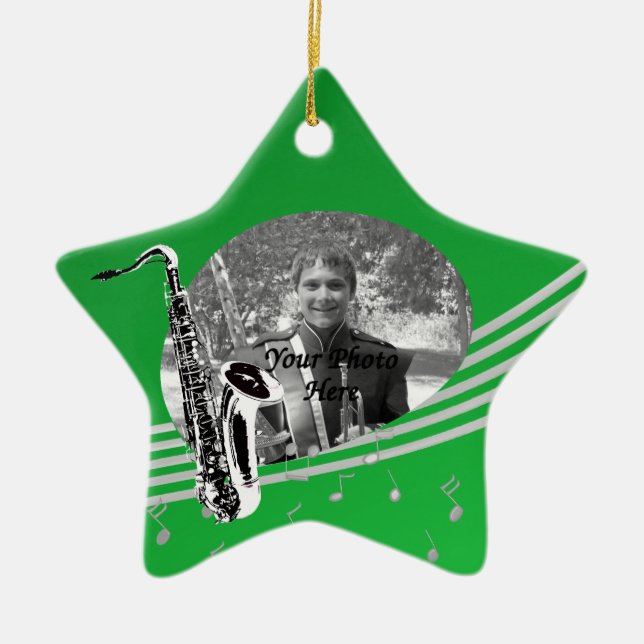 Saxophone Music Photo Green Ceramic Ornament (Front)