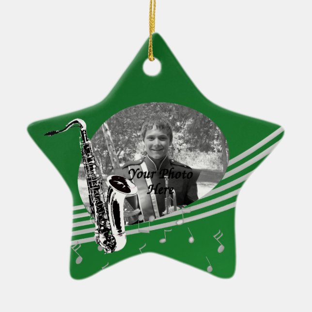 Saxophone Music Photo Green Ceramic Ornament (Front)
